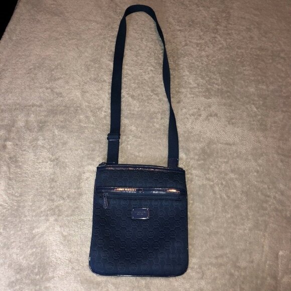 MICHAEL KORS Dark Blue Neoprene Embossed Logo Cross Body Bag Adjustable Strap - Picture 2 of 13